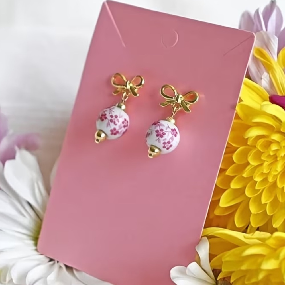 NEW Cute Gold and Pink Bow Cherry Blossom Ceramic Bead Earrings 🌸 - Picture 7 of 9